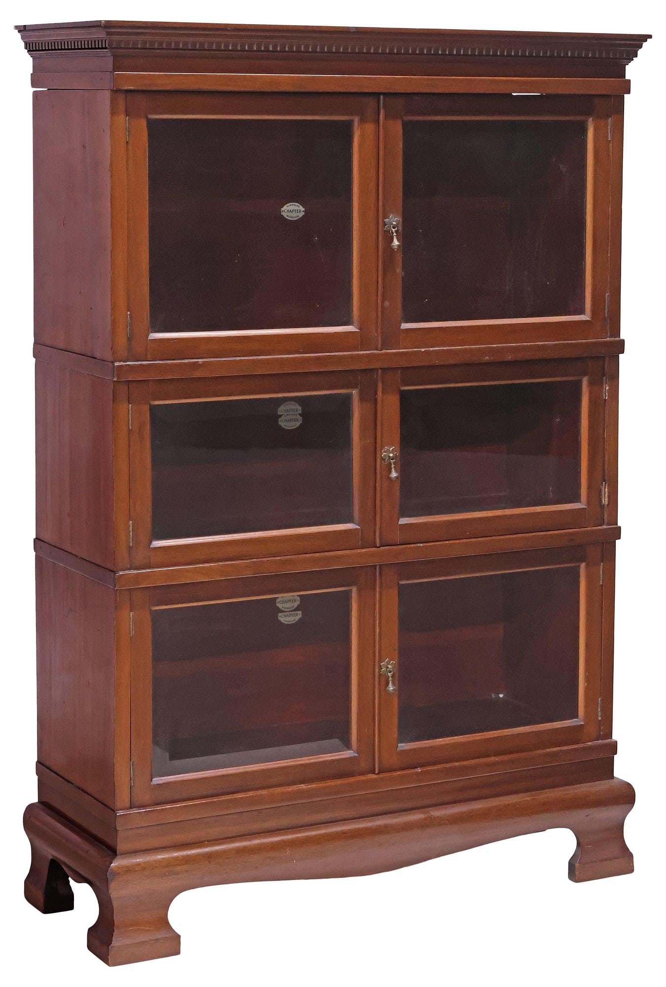 SIMPOLES CHAPTER GLAZED MAHOGANY 3-STACK BARRISTER'S BOOKCASE: English Edwardian mahogany lawyer's stacking bookcase, Simpoles Chapter, Manchester, early 20th c., comprising three stacking tiers, each with pair of doors encasing beveled glass panes, above lower d