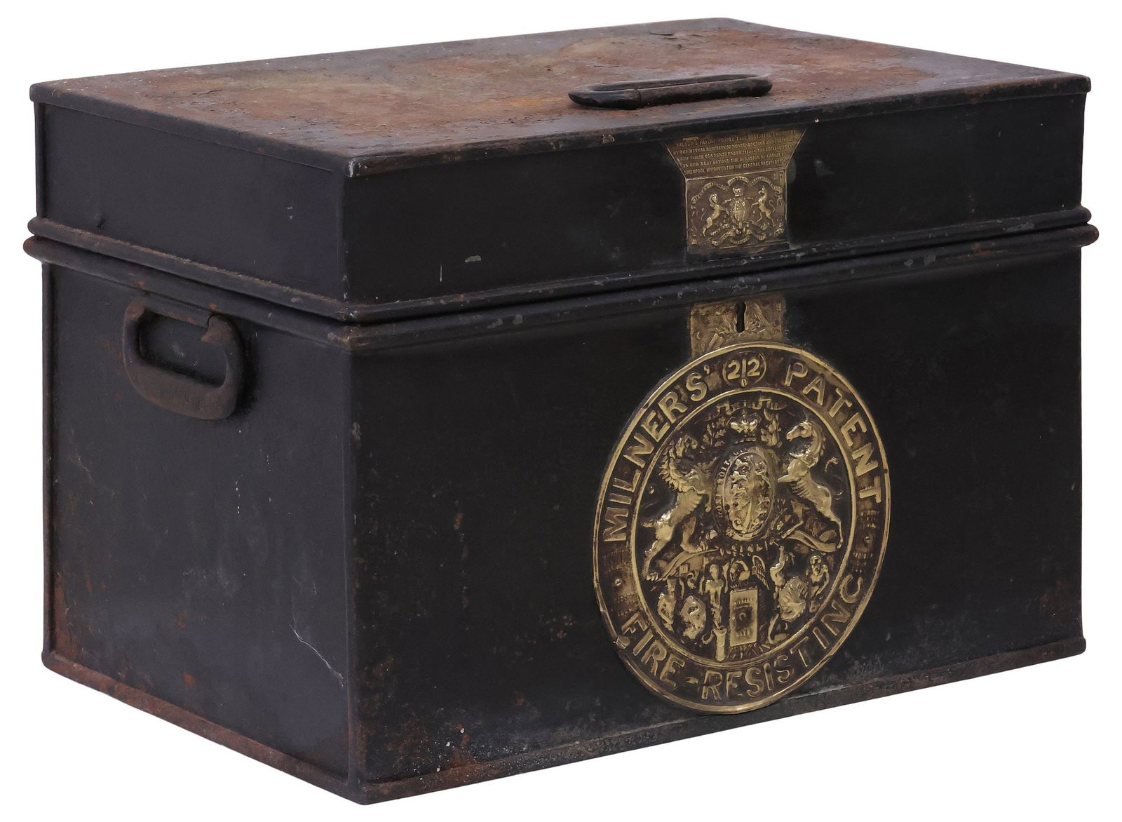 THOMAS MILNER & SONS CAST IRON SAFE WITH ROYAL COAT OF ARMS: English cast iron safe/ strongbox, Thomas Milner & Son, Liverpool, London, 19th c., hinged lid and front facade mounted with gilt branded patent plaques, each with lion and unicorn United Kingdom Roya