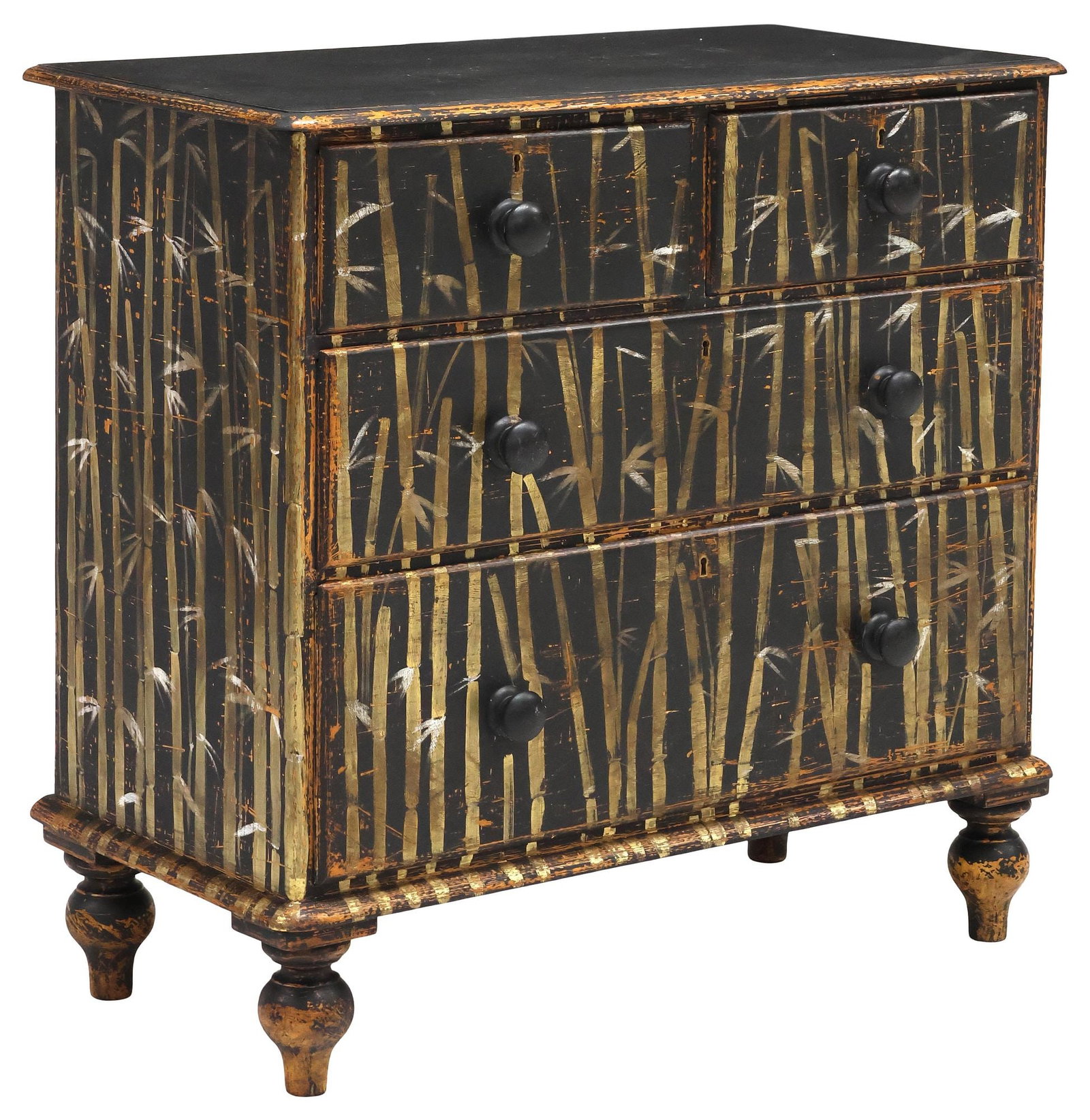ENGLISH VICTORIAN PAINT-DECORATED PINE CHEST OF DRAWERS: English Victorian pine chest of drawers, 19th c., in a later intentionally distressed painted finish with parcel-gilt bamboo shoots, fitted with four drawers, on turned feet, approx 35.75"h, 37.5"w,
