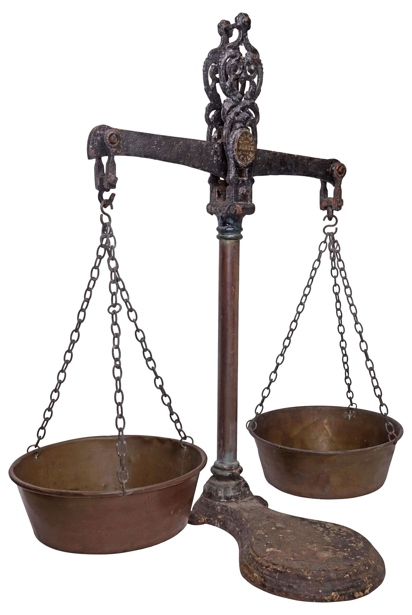 LARGE ENGLISH VICTORIAN CAST IRON & COPPER BALANCE SCALE, 35.5"H: Large English Victorian cast iron balance scale, late 19th c., with scrolled crest, balance beam supporting two copper pans, on bulbous pedestal, marked "Patent Agate Scale," approx 35.5"h, 32"w,