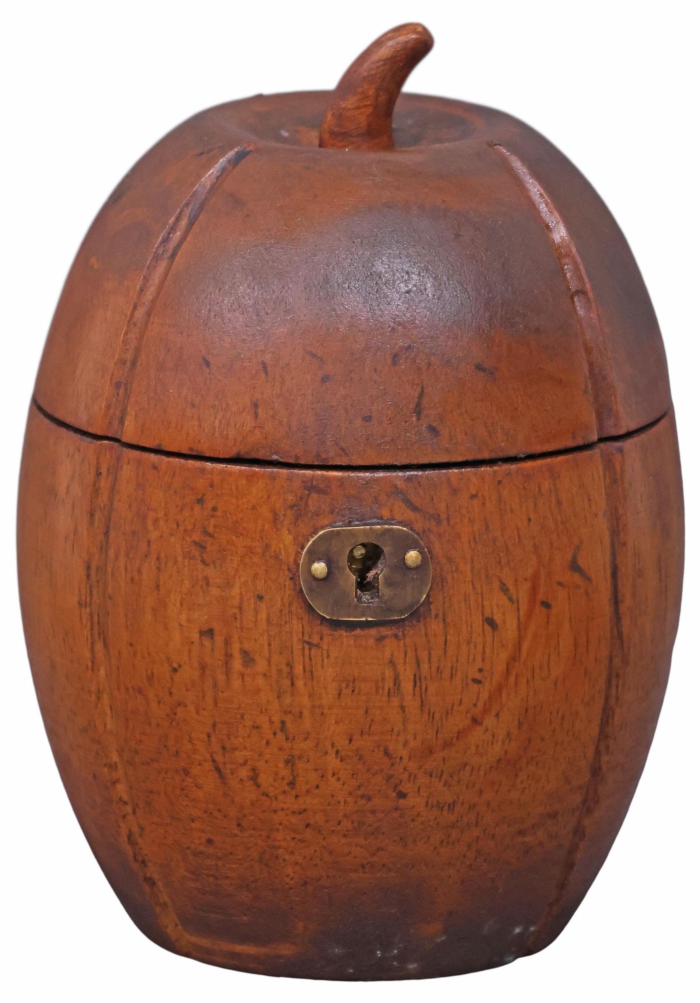 ENGLISH GEORGE III STYLE CARVED MELON-FORM TEA CADDY: English George III style tea caddy, late 20th c., in the form of a melon, with foil-lined interior, approx 7.75"h, 4"w, 4d, 1lbs approx 6"h, 4"diam, .75lbs
