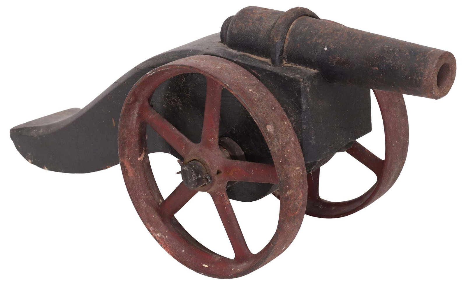 IRON SIGNAL CANNON, STEEL WHEELS ON WOOD CARRIAGE: Cast iron signal cannon, 19th/20th c., integrally built into a black painted wood carriage, spoked red painted steel wheels, the cannon approx. 8.75"l and having a clear touch hole, the bore at