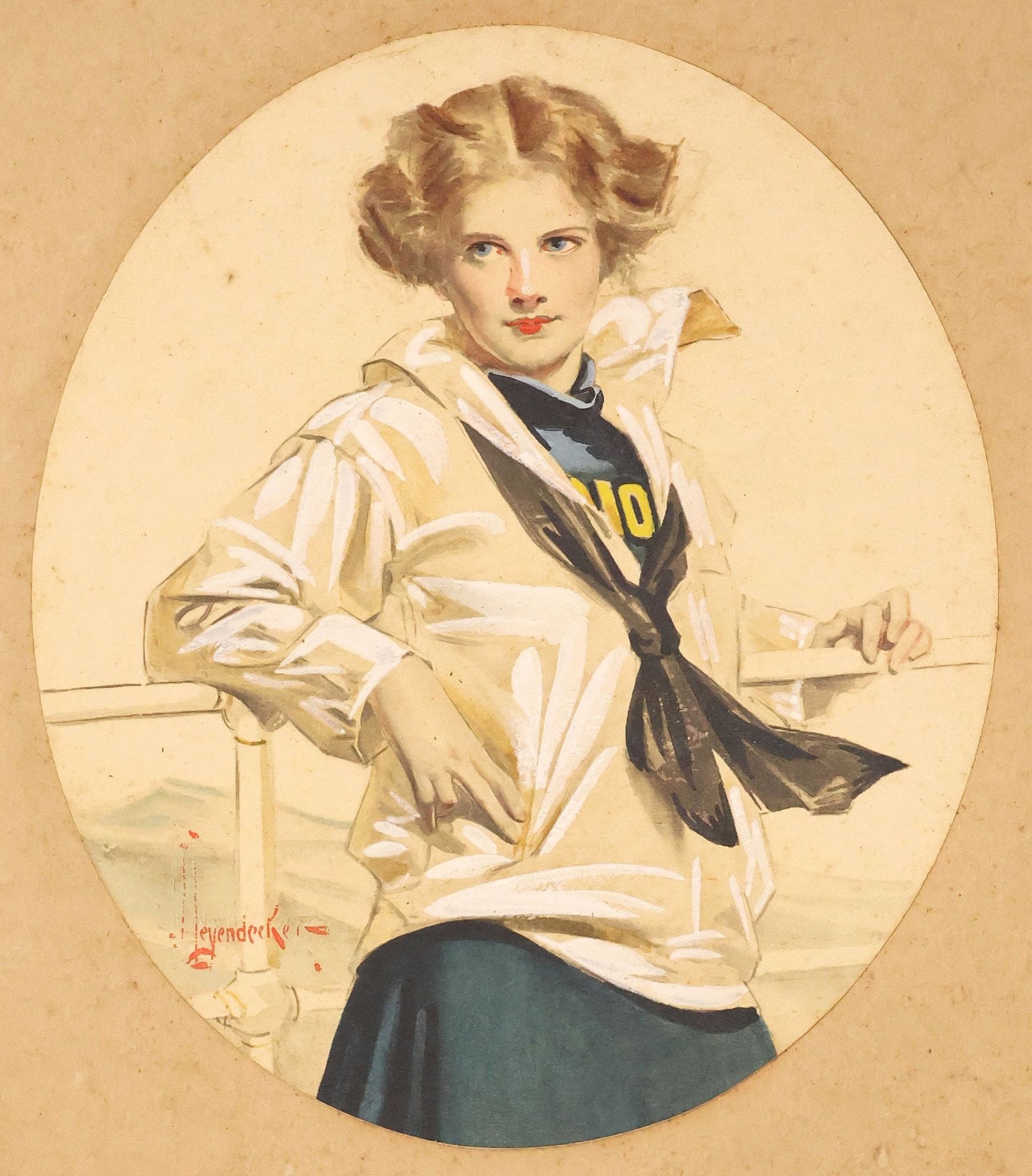 SCARCE LEYENDECKER USNA "LUCKY BAG GIRL" 1910 PLACARD, GILT SEALS: Unframed embellished print on paper, "Lucky Bag Girl", featured on the graduation announcement and invitation of the U.S. Naval Academy Class of 1910 and on the program of the November 26. 1910