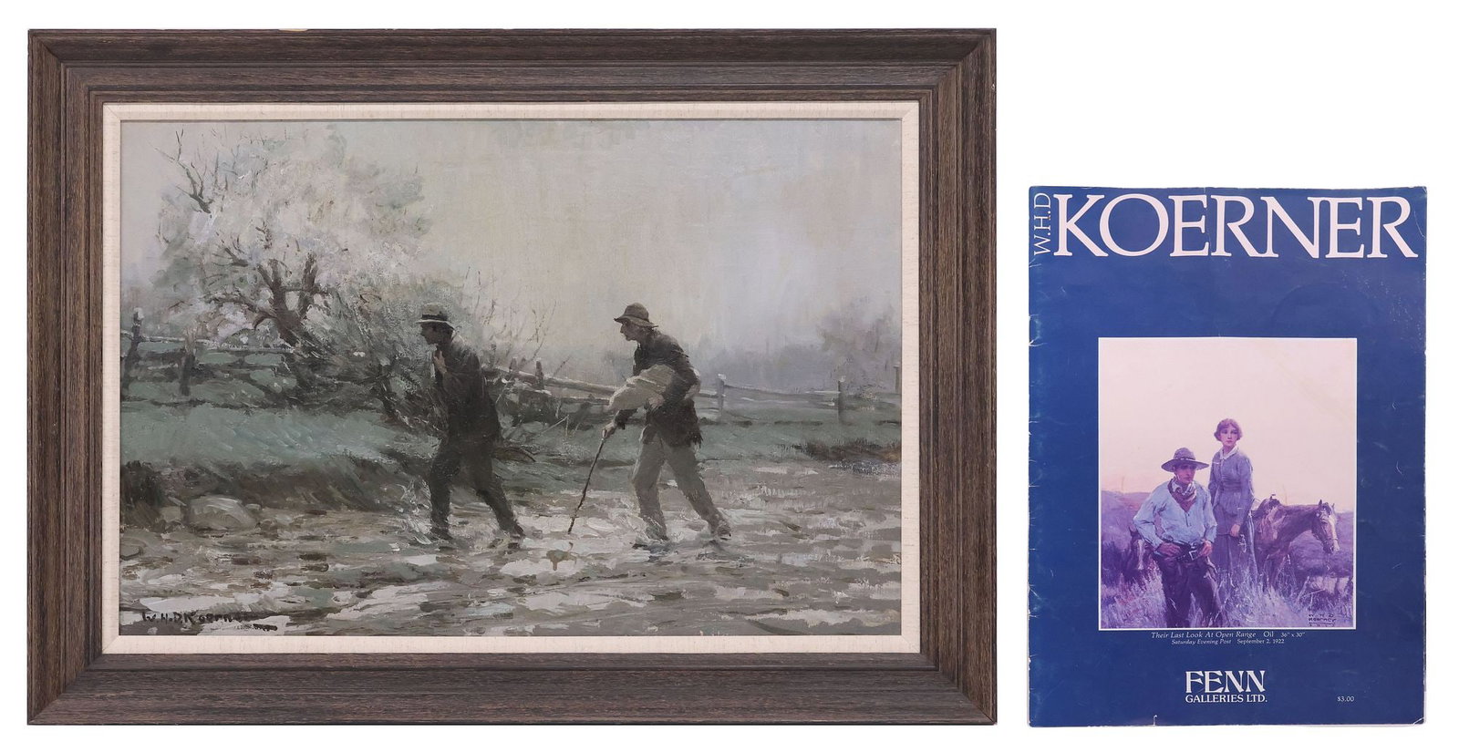 (2) W.H.D. KOERNER, 1916 SATURDAY EVENING POST ILLUSTRATION, 20" x 30": Framed oil painting on canvas, "The return...,", signed lower left W.H.D. Koerner (William Henry Dethlef Koerner, Germany, United States, 1880-1938), published in the Saturday Evening Post issue of