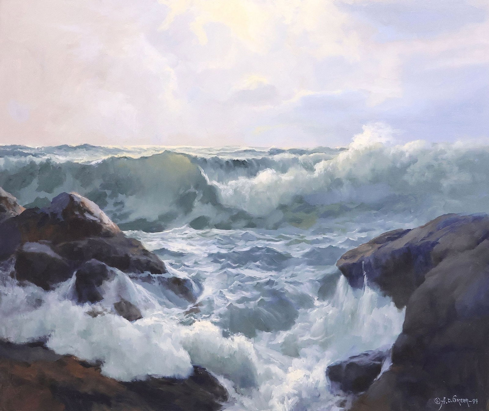 A.D. GREER (TEXAS, 1904-1998) OIL PAINTING, STORMY SEASCAPE, 30" X 36": Framed oil on canvas painting, Seascape with Crashing Waves, signed lower right A.D. Greer (Aubrey Dale Greer, American, active in Texas, 1904-1998), dated [19]94, retaining Austin Galleries label