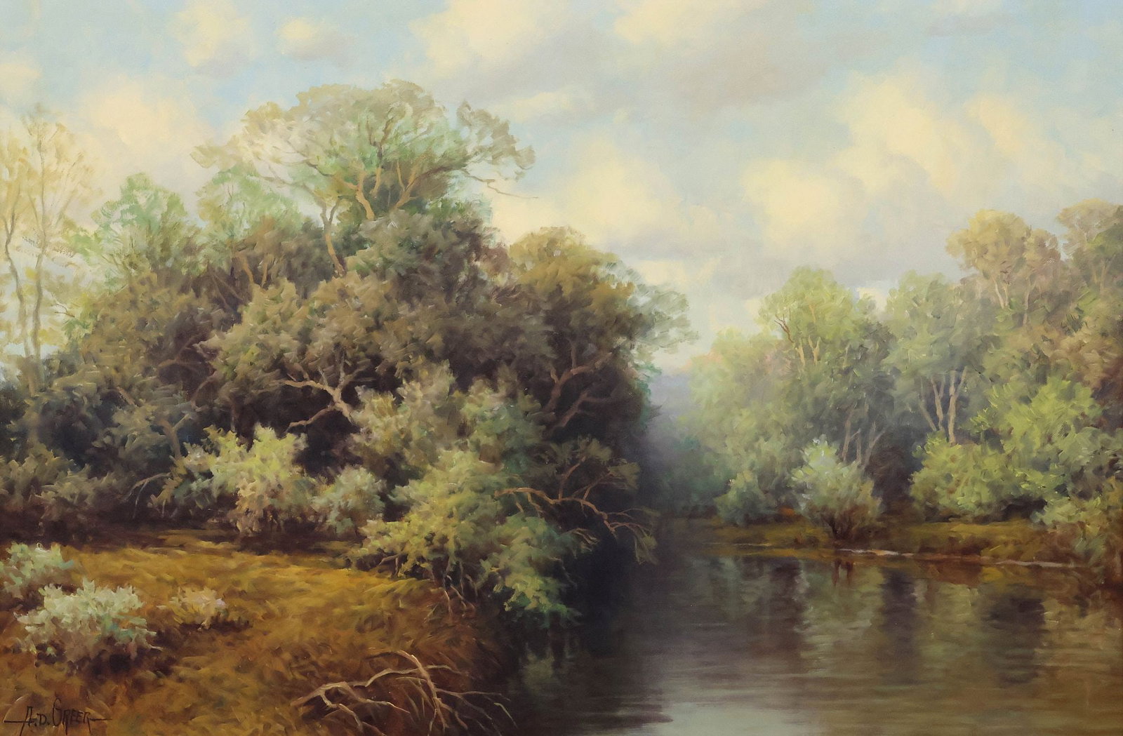 A.D. GREER (TEXAS, 1904-1998) OIL PAINTING, RIVER LANDSCAPE, 24" X 36" (1 of 4)