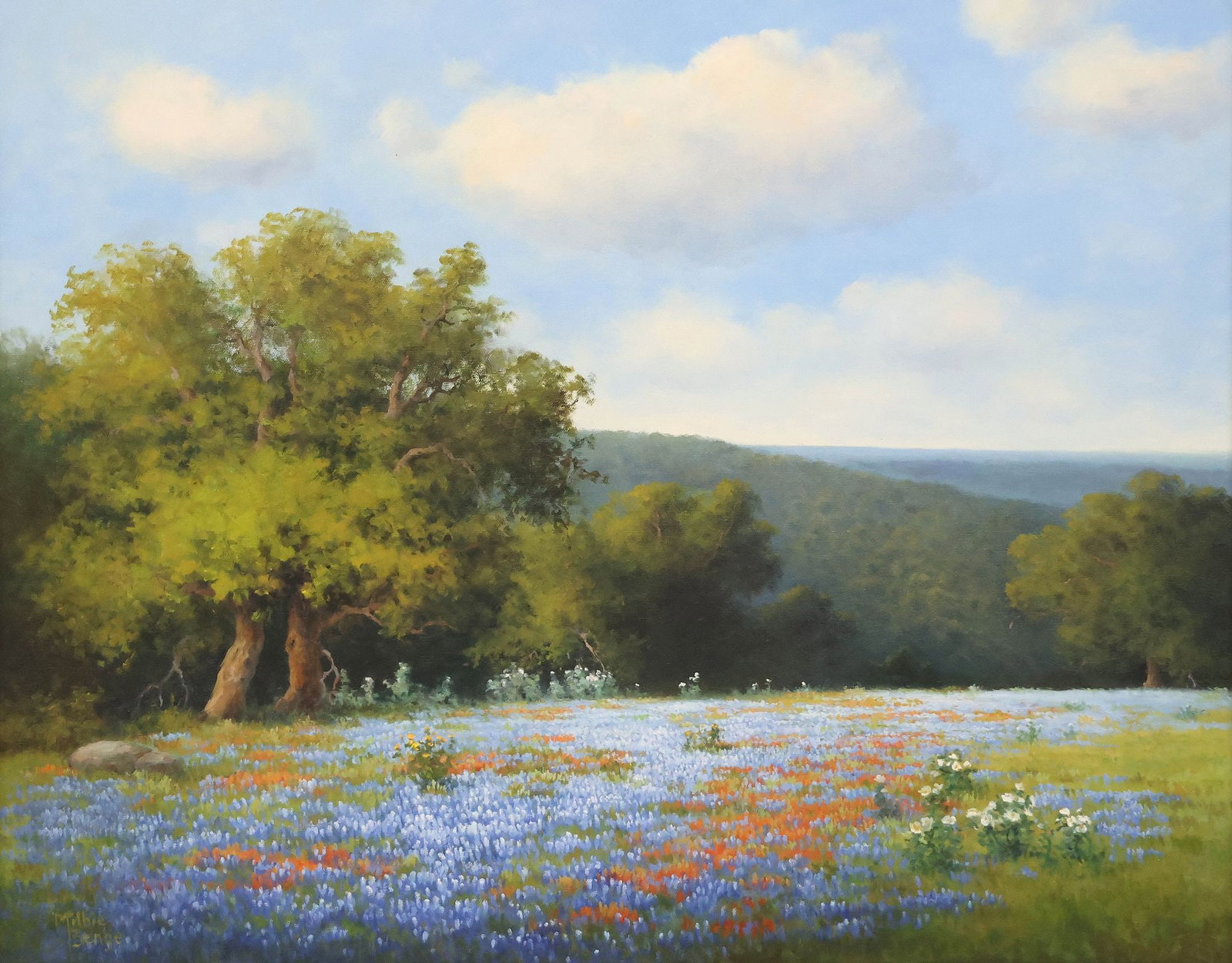 MILBIE BENGE (B.1948) TEXAS BLUEBONNETS LANDSCAPE PAINTING, 'SPRING SONG': Framed oil on canvas painting, "Spring Song," signed lower left Milbie Benge (California, Texas, 1948), titled and inscribed "C9839, Austin, TX" with additional artist's signature verso, sight: