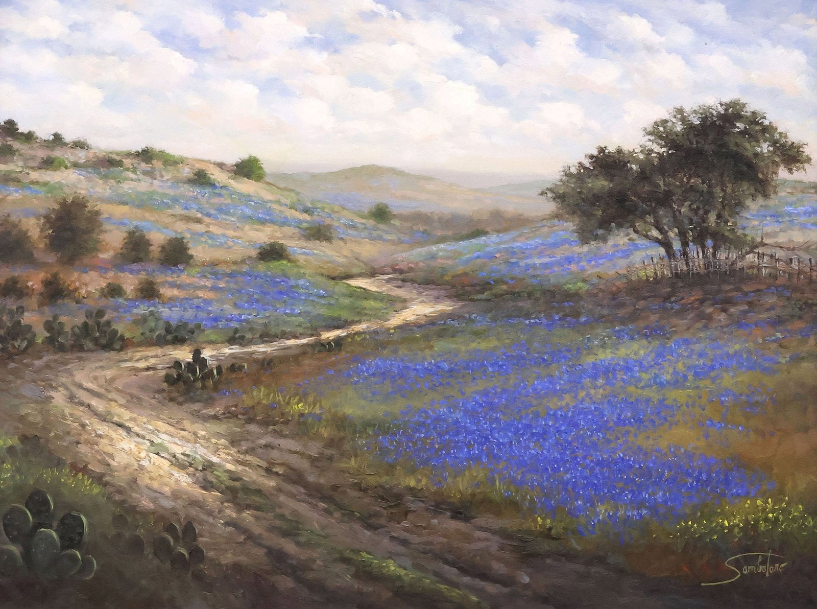JOE SAMBATARO (B.1947) TEXAS LANDSCAPE WITH BLUEBONNETS, 30" X 40": Framed oil on canvas painting, Hill Country Landscape with Bluebonnets, signed lower right Sambataro (Joe Sambataro, active in Texas, b.1947), sight: approx 29.5"h, 39.5"w, overall: approx 36"h,