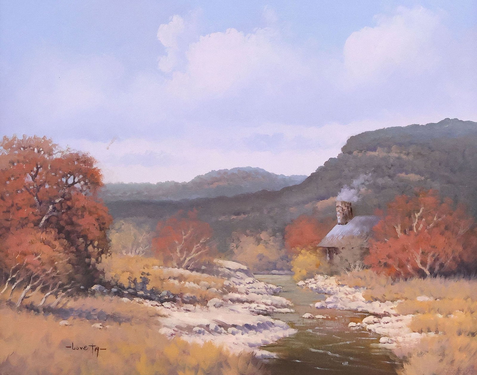 LOVETA STRICKLAND (1924-2025) PAINTING, TEXAS AUTUMN LANDSCAPE: Framed oil on canvas painting, Autumn Landscape with Cabin, signed lower left Loveta (Loveta Deason Strickland, Texas, 1924-2025), retaining artist's brochure verso, sight: approx 15.5"h, 19.5"w,