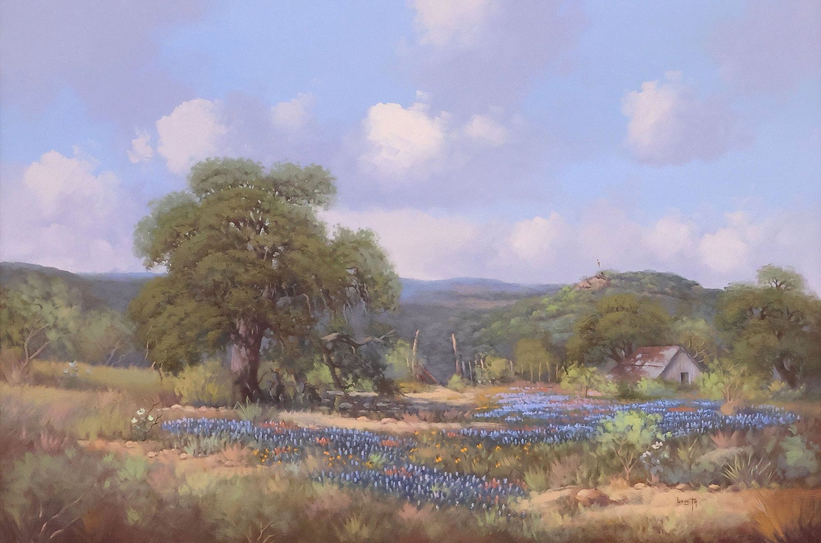 LOVETA STRICKLAND (TEXAS, 1924-2025) PAINTING, TEXAS BLUEBONNETS & BARN: Framed oil on canvas painting, Texas Bluebonnets and Barn, signed lower right Loveta (Loveta Strickland, Texas, 1924-2025), retaining artist's brochure verso, sight: approx 23.5"h, 35.5"w, overall: