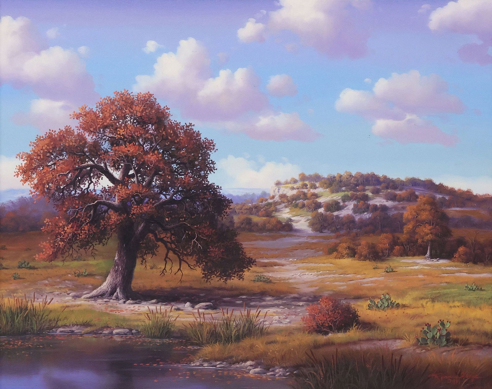 R.W. HEDGE (TEXAS, D.2010) AUTUMNAL LANDSCAPE PAINTING, 24" X 30": Framed oil on canvas painting, "Shades of Autumn," signed lower right Ronnie Hedge (R.W. Hedge, Texas, 1954-2010), dated 1985, frame retaining title plaque, sight: approx 23.5"h, 29.5"w, overall: