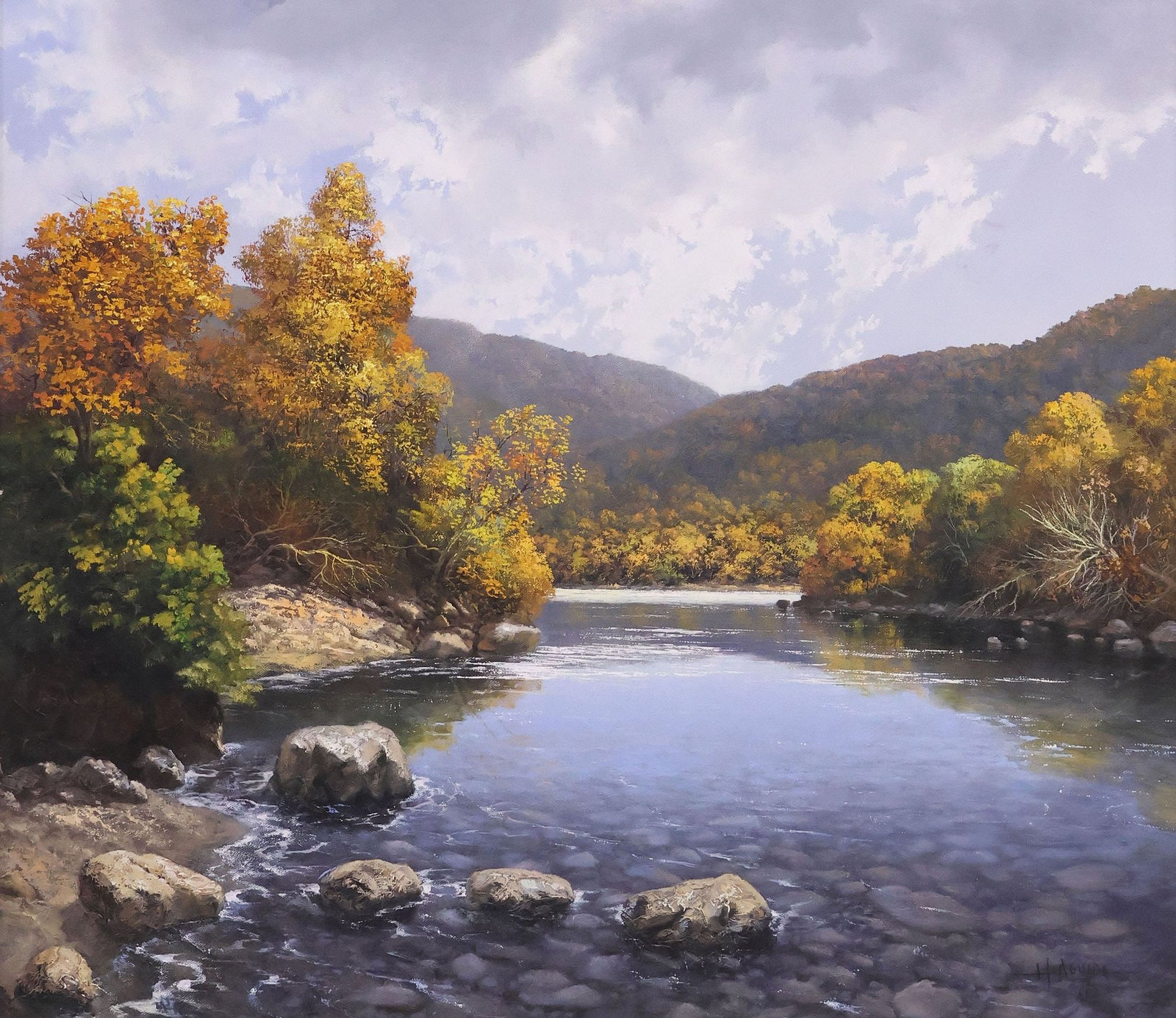SIGNED LANDSCAPE PAINTING, TEXAS HILL COUNTRY AUTUMN RIVER, 36" X 30": Framed oil on canvas painting, Texas Hill Country Autumn Riverbed, signed illegibly lower right, possibly H. Aguida(?), 20th c., sight: approx 23.5"h, 29.5"w, overall: approx 30"h, 36"w, 6.5lbs