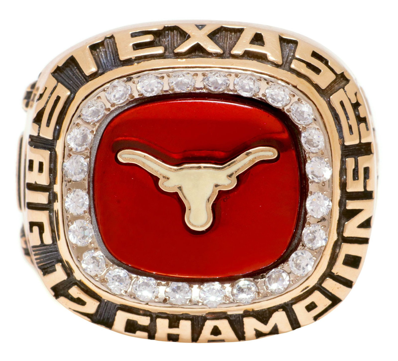 10KT GOLD UNIVERSITY OF TEXAS LONGHORNS BASEBALL 2003 WORLD SERIES RING: Estate gent's 10kt yellow gold commemorative sports ring, University of Texas Longhorns Baseball, 2003 World Series Big Twelve Champions, Ranking 50-20, personalized for infielder Tim Moss, with