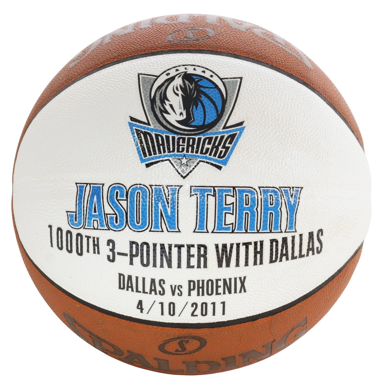 NBA MAVERICKS JASON TERRY 1,000th 3-POINTER GAME BALL WITH DALLAS: NBA Game Presentation Basketball marked on two white panels with the Dallas Mavericks logo over "Jason Terry, 1000th 3-Pointer with Dallas, Dallas vs. Phoenix, 4/10/2011, the ball further marked "Spal