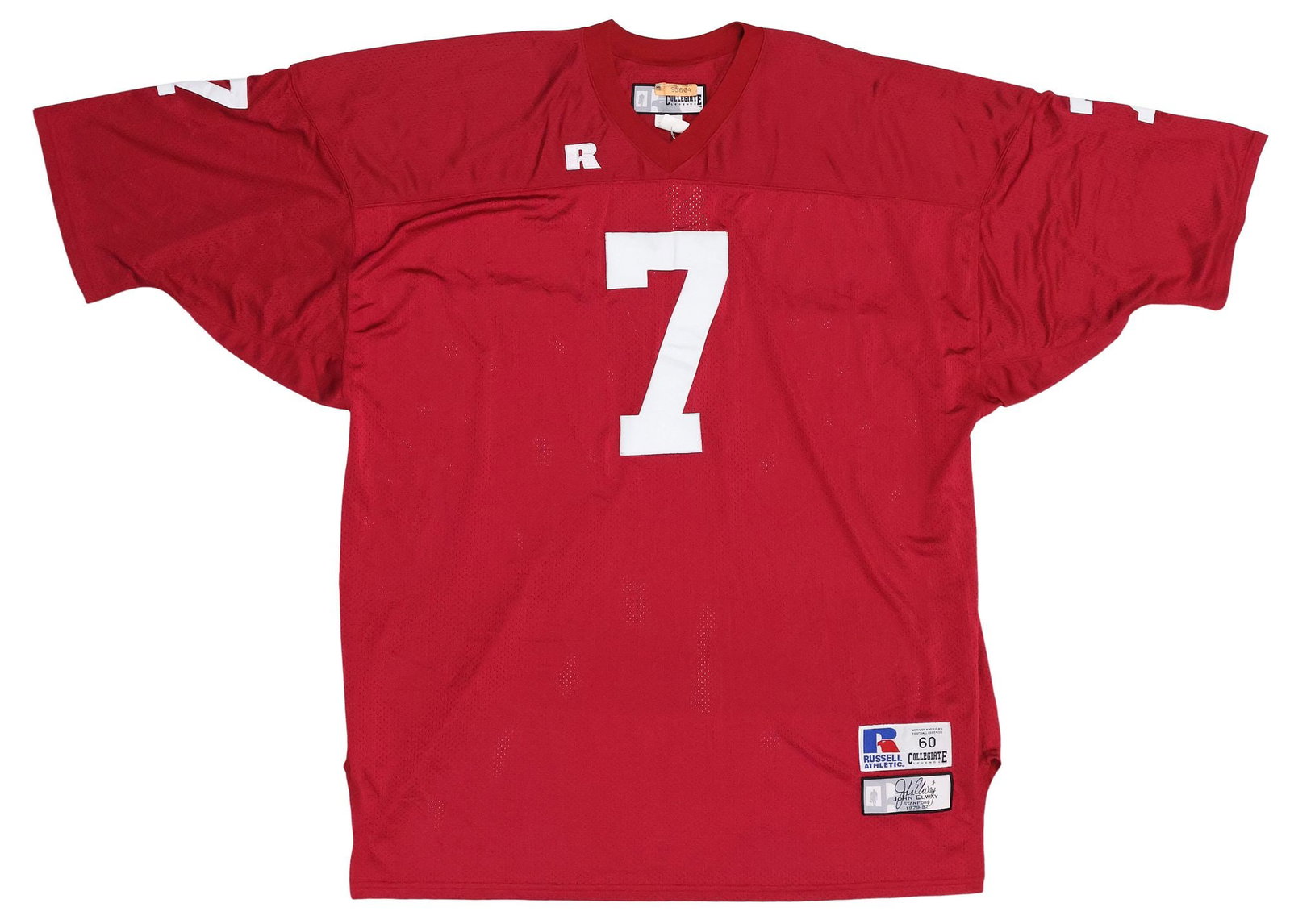 EX JASON TERRY OWNED JOHN ELWAY NUMBER 7 JERSEY: Basketball legend Jason Terry one time owned John Elway Number 7 football jersey, red with white lettering including number 7, the Russell Collegiate tag is marked size "60" (typically 4XL-5XL) and in