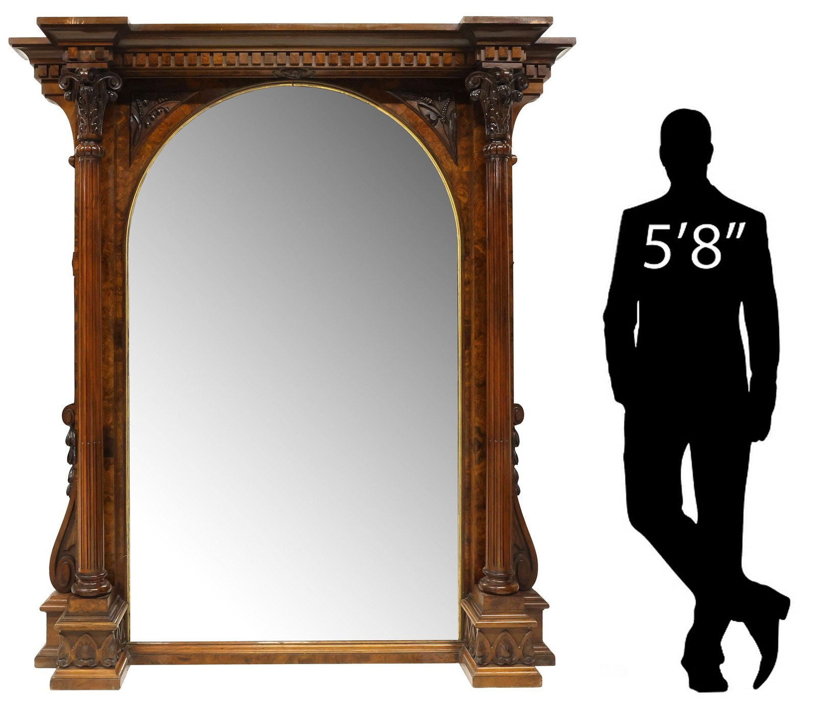 MONUMENTAL VICTORIAN PARCEL-GILT CARVED ARCHITECTURAL PIER MIRROR, 80.5" X 73": Palatial English Victorian figured walnut standing floor mirror, 19th c., protruding molded cornice with dentil trim, on Corinthian order fluted columnar supports with foliated capitals, wheat motifs