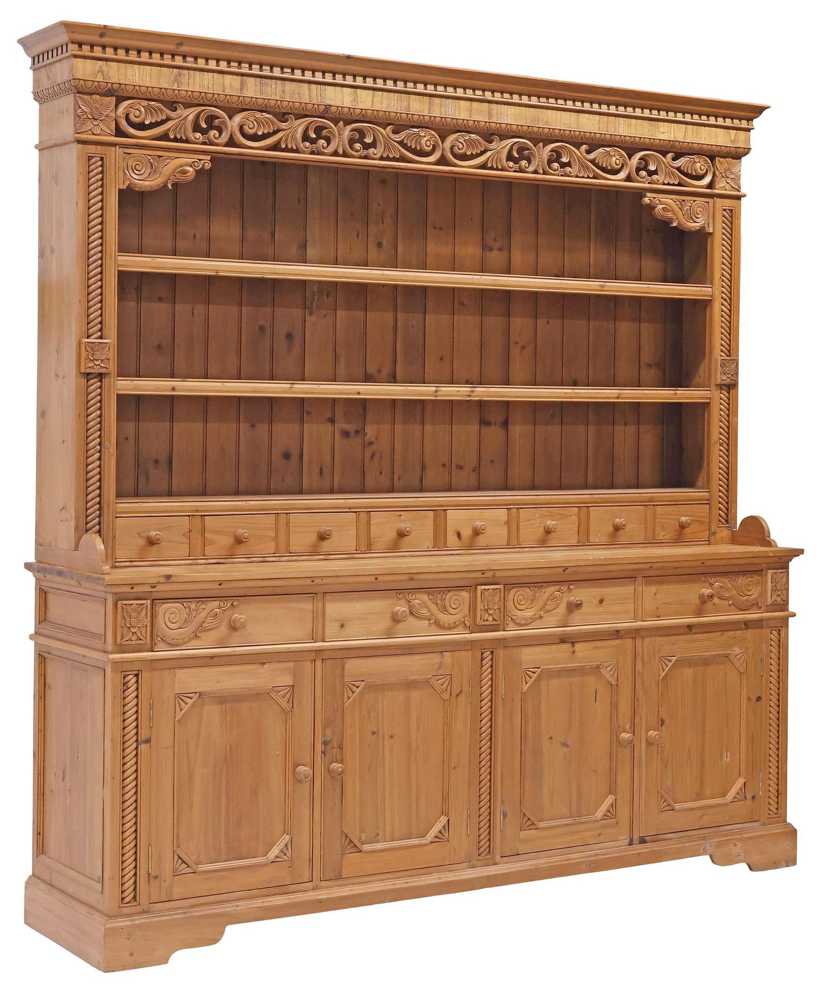 LARGE ENGLISH CARVED PINE KITCHEN DRESSER & RACK (1 of 7)