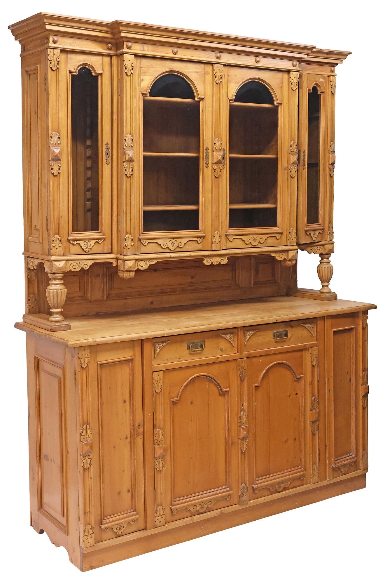 LARGE ENGLISH CARVED & GLAZED PINE SIDEBOARD, 90"H: English carved pine kitchen dresser or buffet, early 20th c., molded cornice, above four glazed cabinet doors, centered breakfront cabinets enclosing adjustable shelving, the outer cabinets with open