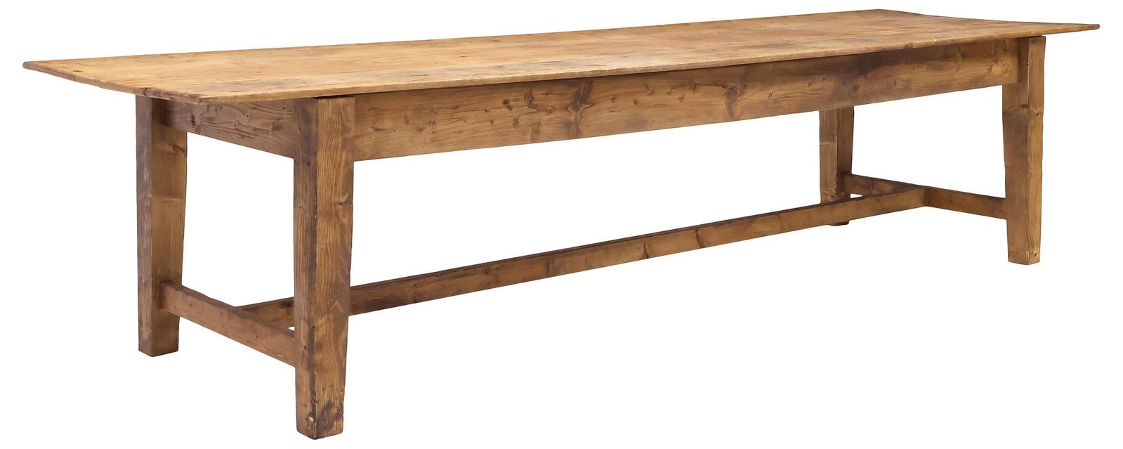 LARGE ENGLISH VICTORIAN PINE FARMHOUSE TABLE, 130"L: English Victorian pine farmhouse dining table, 19th c., having butterfly-jointed three-board top, raised on stretcher-joined straight supports, approx 30.5"h, 130"l, 36.5"w, bottom of apron to floor (