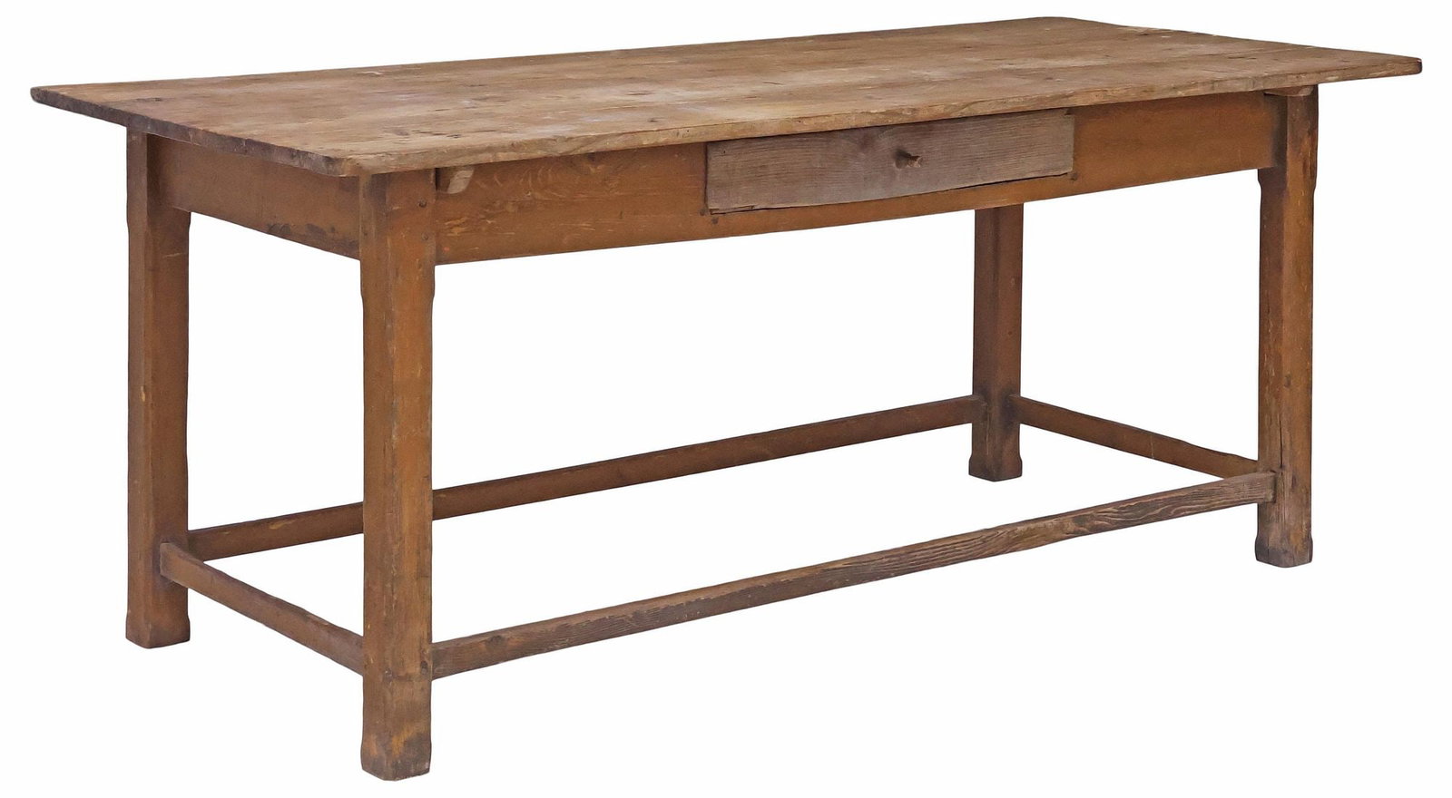 ENGLISH VICTORIAN PINE FARMHOUSE OR KITCHEN WORK TABLE: English Victorian pine farmhouse table, 19th c., rectangular scrubbed four-board top with pegged joinery, one side of apron fitted with single drawer, raised on straight legs joined by box stretcher, 