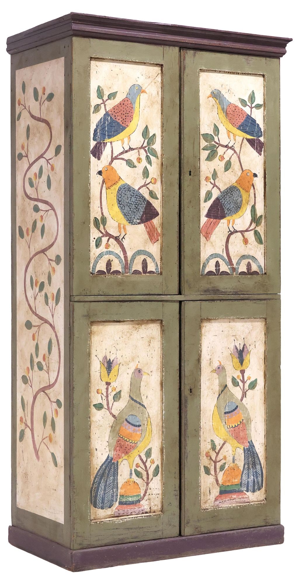 ENGLISH VICTORIAN PAINT-DECORATED 10-DRAWER CABINET: English Victorian pine workman's cabinet or cupboard, 19th c., in a later-painted polychrome finish with exotic birds and foliate branches, having molded cornice, above pair of cabinet doors,