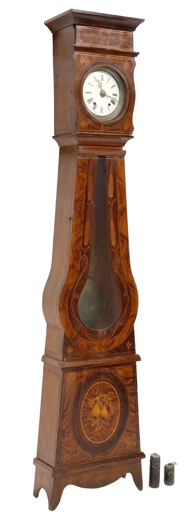FRENCH PROVINCIAL CARVED & PAINTED MAHOGANY LONGCASE CLOCK: French Provincial paint-decorated mahogany Morbier grandfather clock, 19th c., shaped case with glazed dial and pendulum viewing panels, enclosing enameled dial with Roman numeral hour markers, brass