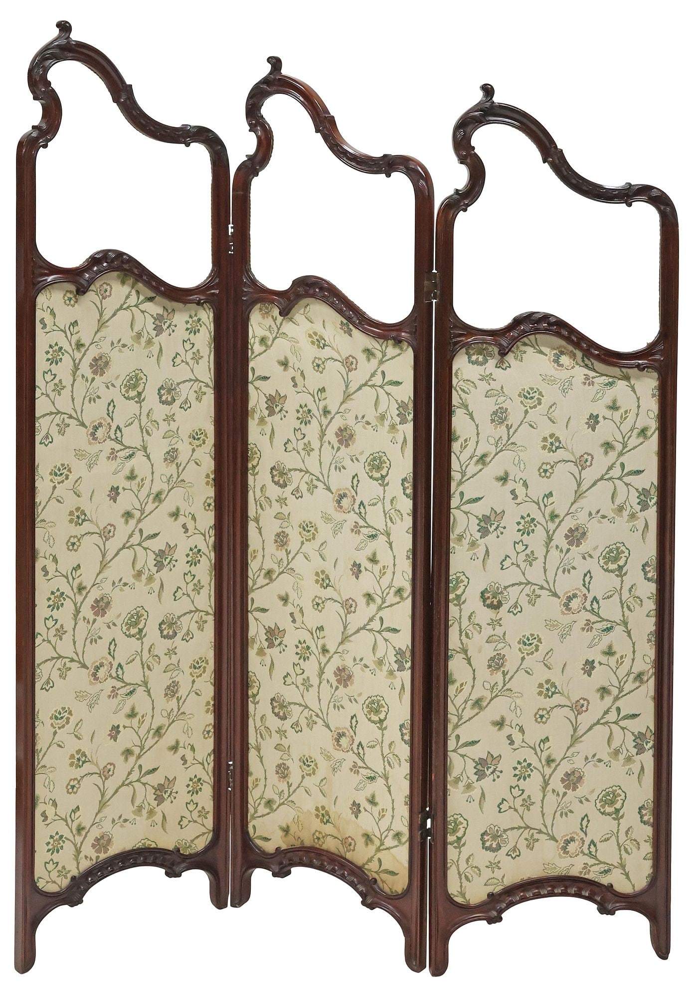 LOUIS XV STYLE CARVED & UPHOLSTERED MAHOGANY 3-PANEL DRESSING SCREEN: Louis XV style mahogany folding floor screen, early 20th c., comprising three graduated panels with carved rocaille scrollwork, encasing glass panes, above dual-sided floral jacquard upholstery with