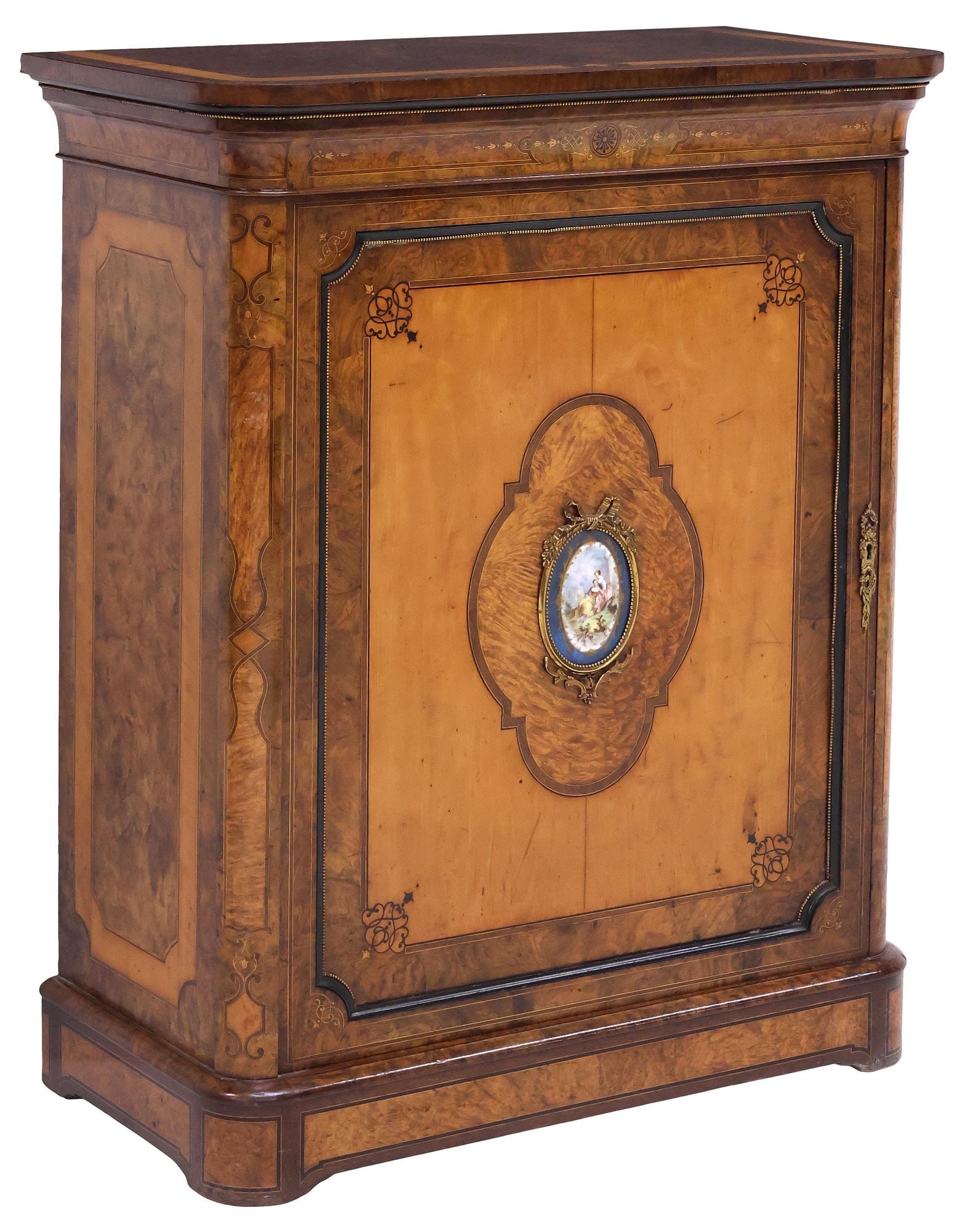 ENGLISH VICTORIAN PORCELAIN-MOUNTED & INLAID WALNUT CABINET (1 of 5)