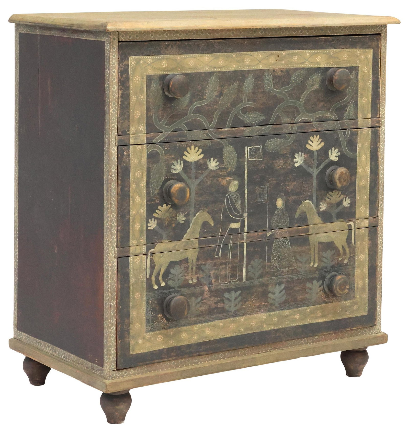 ENGLISH VICTORIAN PAINT-DECORATED PINE CHEST OF DRAWERS: English Victorian pine chest of drawers, 19th c., in an intentionally distressed later-painted finish with scene of figures with flag staffs and horses, after a Pennsylvania Dutch example held at the