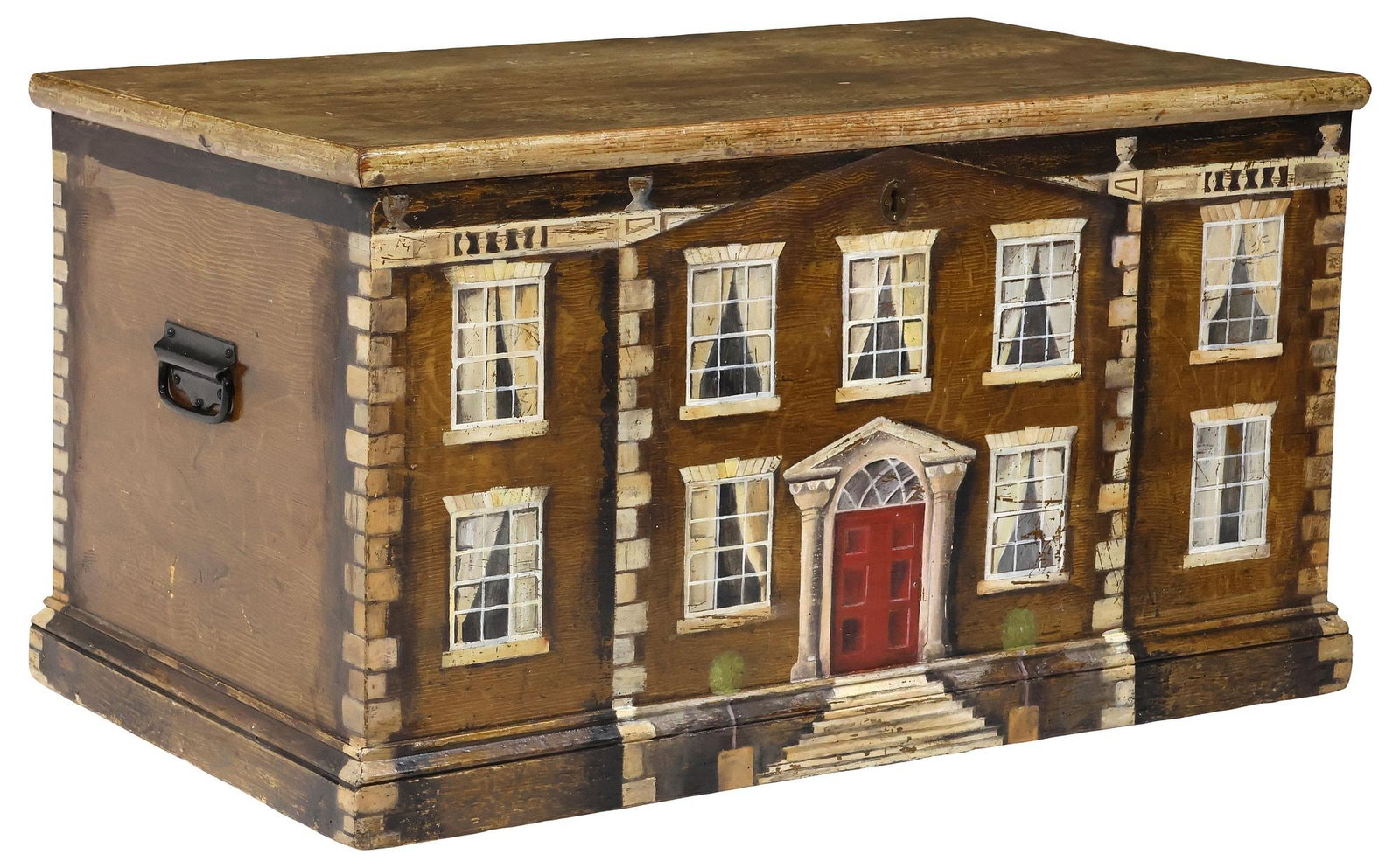 ENGLISH PAINT-DECORATED HOUSE FACADE BLANKET BOX / STORAGE CHEST: English paint-decorated blanket chest/ storage trunk, 19th c., the exterior later painted as a Georgian country house facade, hinged lid revealing open interior with side till, equipped with dual