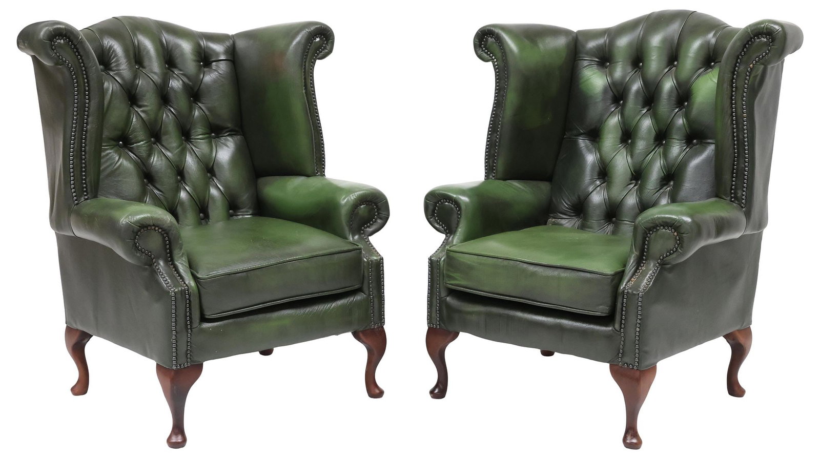 (2) ENGLISH QUEEN ANNE STYLE GREEN LEATHER WINGBACK ARMCHAIRS (1 of 4)