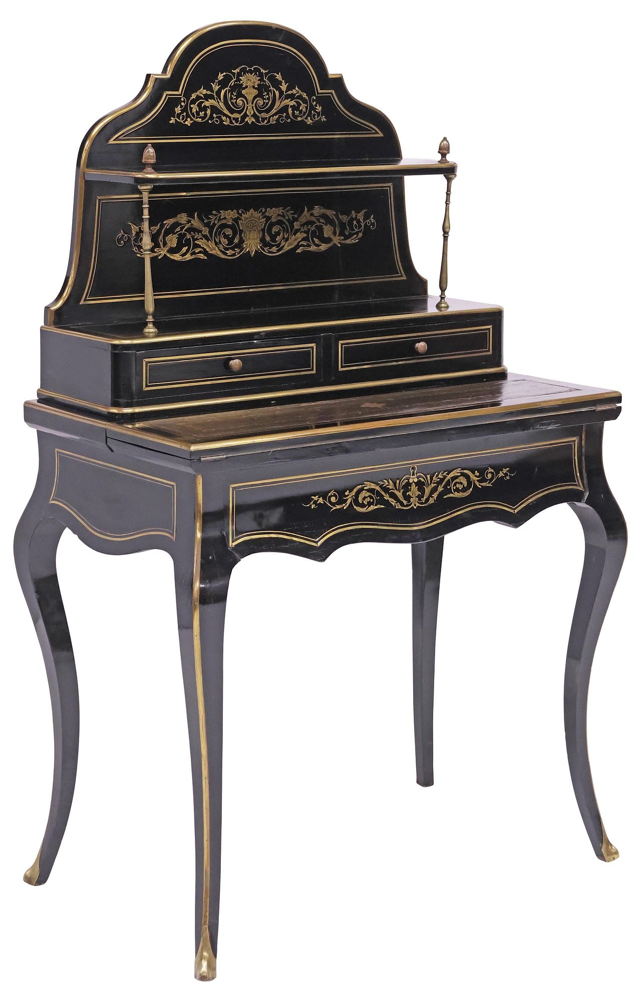 FRENCH NAPOLEON III BRASS-INLAID & LACQUERED BONHEUR DU JOUR: French Napoleon III black lacquered bonheur du jour/ lady's writing desk, 19th c., inlaid throughout with scrolling foliate cut-brass marquetry and banded trim, shaped superstructure with single open