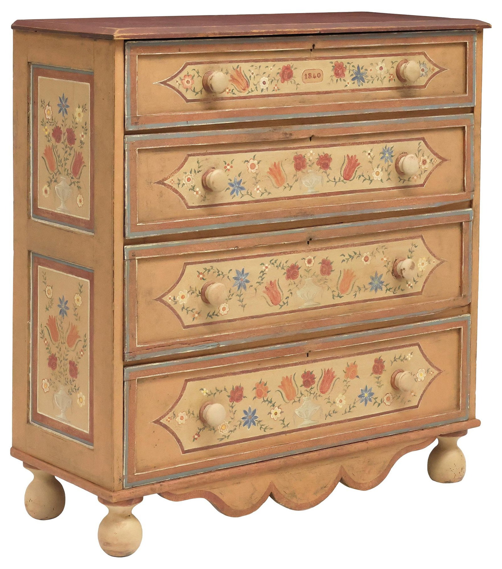 ENGLISH VICTORIAN POLYCHROME PAINTED CHEST OF DRAWERS: English Victorian paint-decorated chest of drawers, 19th c., in a later polychrome painted finish with floral motifs and scrolling foliate vinery, fitted with four drawers, topmost drawer inscribed