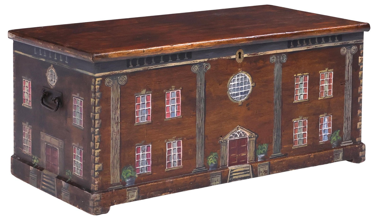 ENGLISH PAINT-DECORATED HOUSE FACADE BLANKET CHEST / STORAGE TRUNK (1 of 5)