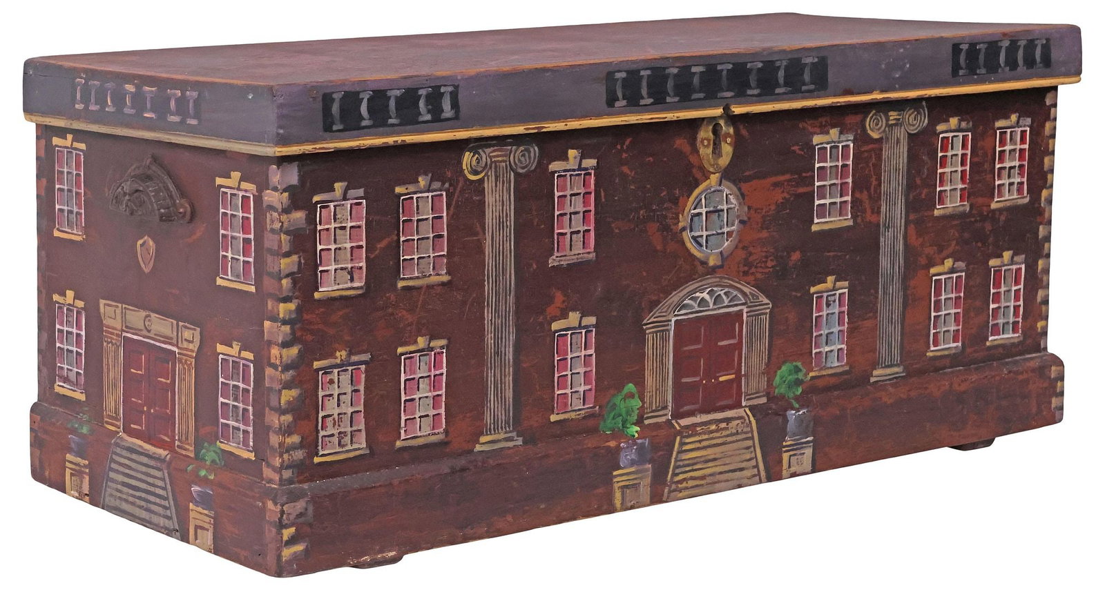 ENGLISH PAINT-DECORATED HOUSE FACADE PINE BLANKET BOX / STORAGE CHEST (1 of 5)