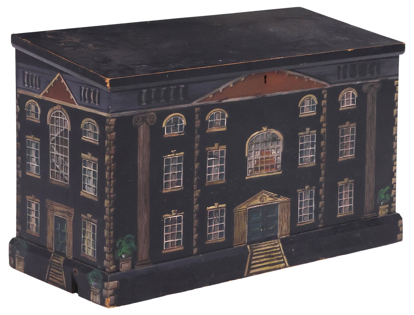 ENGLISH PAINT-DECORATED HOUSE FACADE SLANT-TOP STORAGE CHEST (1 of 5)