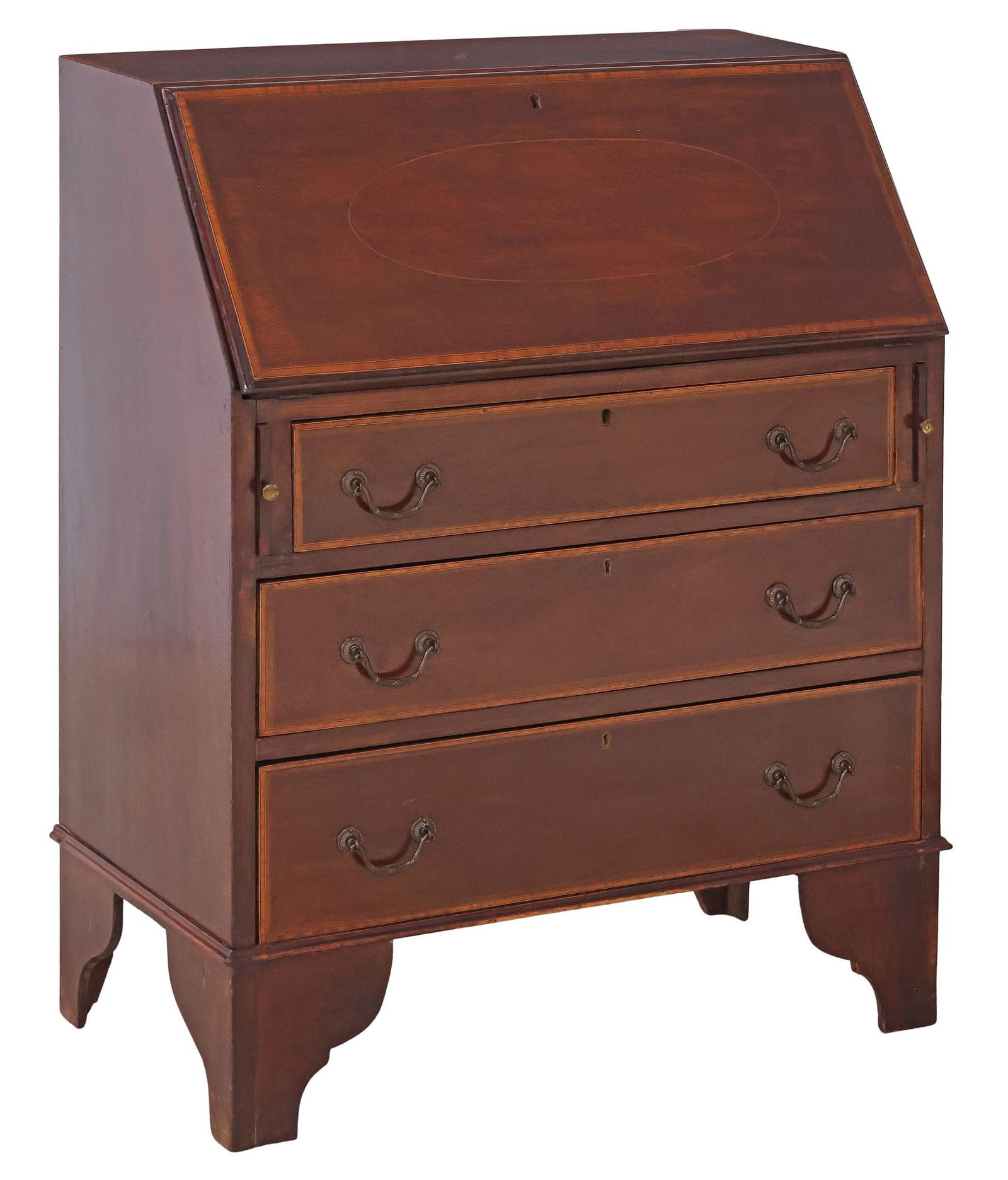 ENGLISH GEORGIAN PERIOD BANDED MAHOGANY SLANT-FRONT BUREAU DESK: English Georgian period inlaid mahogany slant-front writing/ secretary desk, late 18th/ early 19th c., having inlaid cartouche and banded trim, enclosing sectioned interior with single small drawer, a