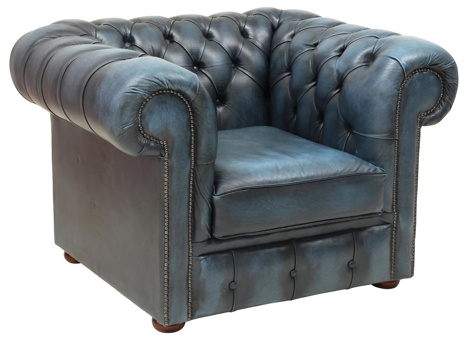 ENGLISH CHESTERFIELD STYLE BUTTONED BLUE LEATHER CLUB CHAIR (1 of 4)