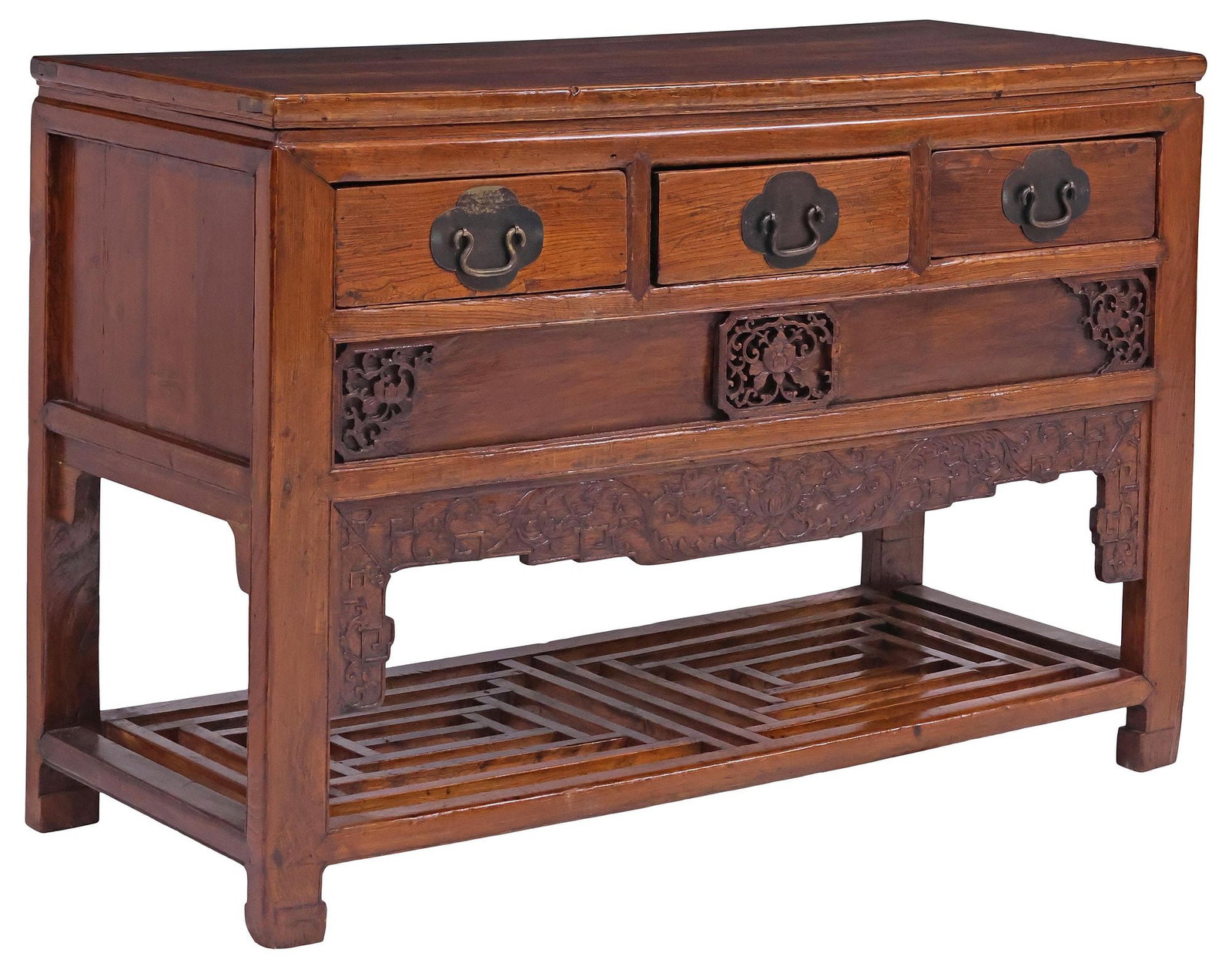 CHINESE CARVED HARDWOOD 3-DRAWER CONSOLE TABLE (1 of 5)