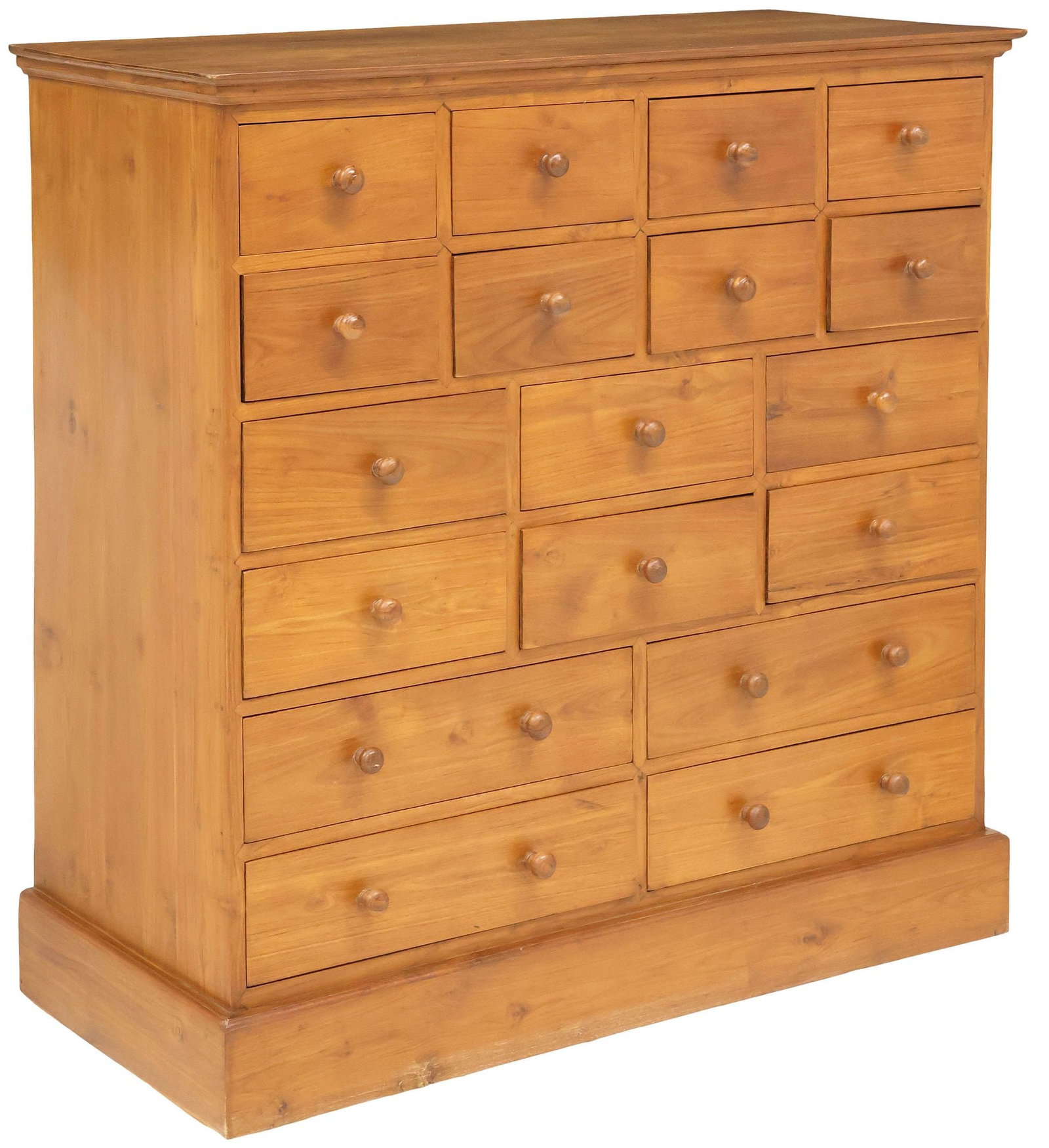 WALNUT 18-DRAWER APOTHECARY CHEST / STORAGE CABINET: Walnut apothecary chest or storage cabinet, 20th c., rectangular case fitted with eighteen drawers, each with turned knob, on platform base, approx 41.5"h, 41.5"w, 18.5"d