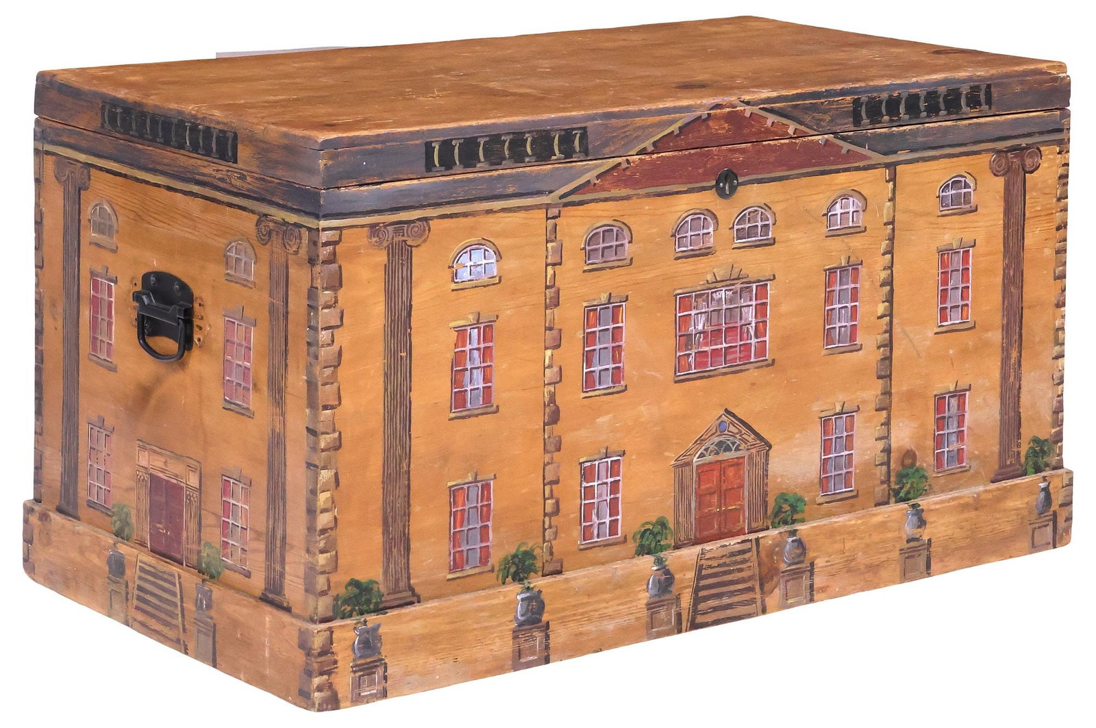 ENGLISH PAINT-DECORATED HOUSE FACADE PINE BLANKET CHEST / STORAGE TRUNK (1 of 5)