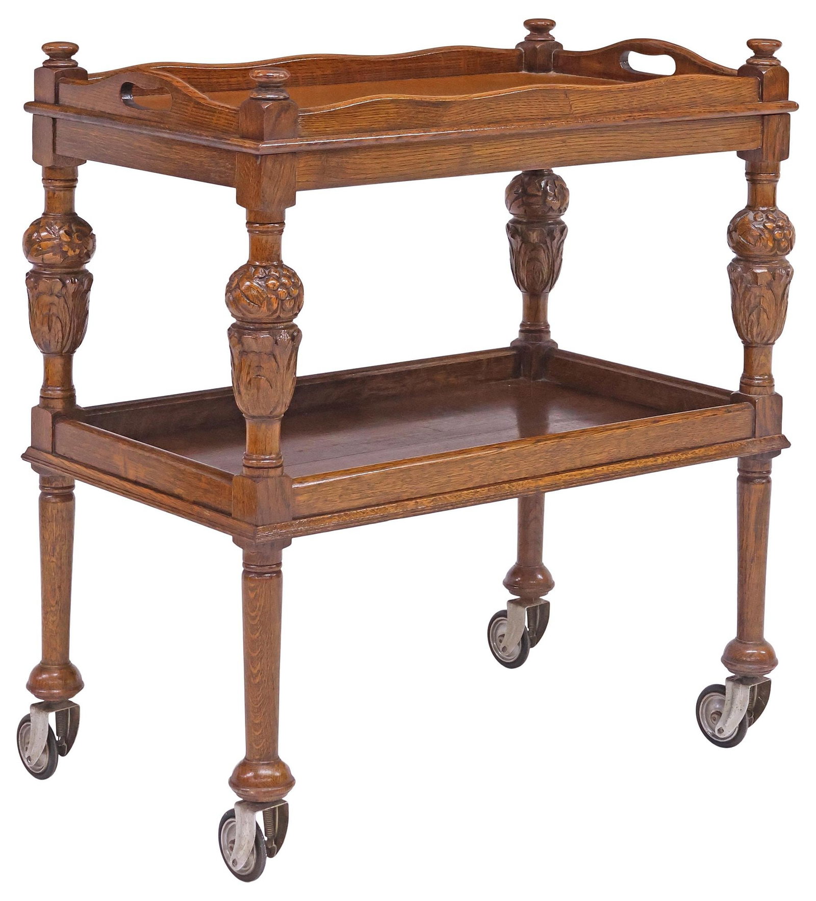 ENGLISH JACOBEAN STYLE CARVED OAK TRAY-TOP TEA TROLLEY / SERVICE CART (1 of 5)