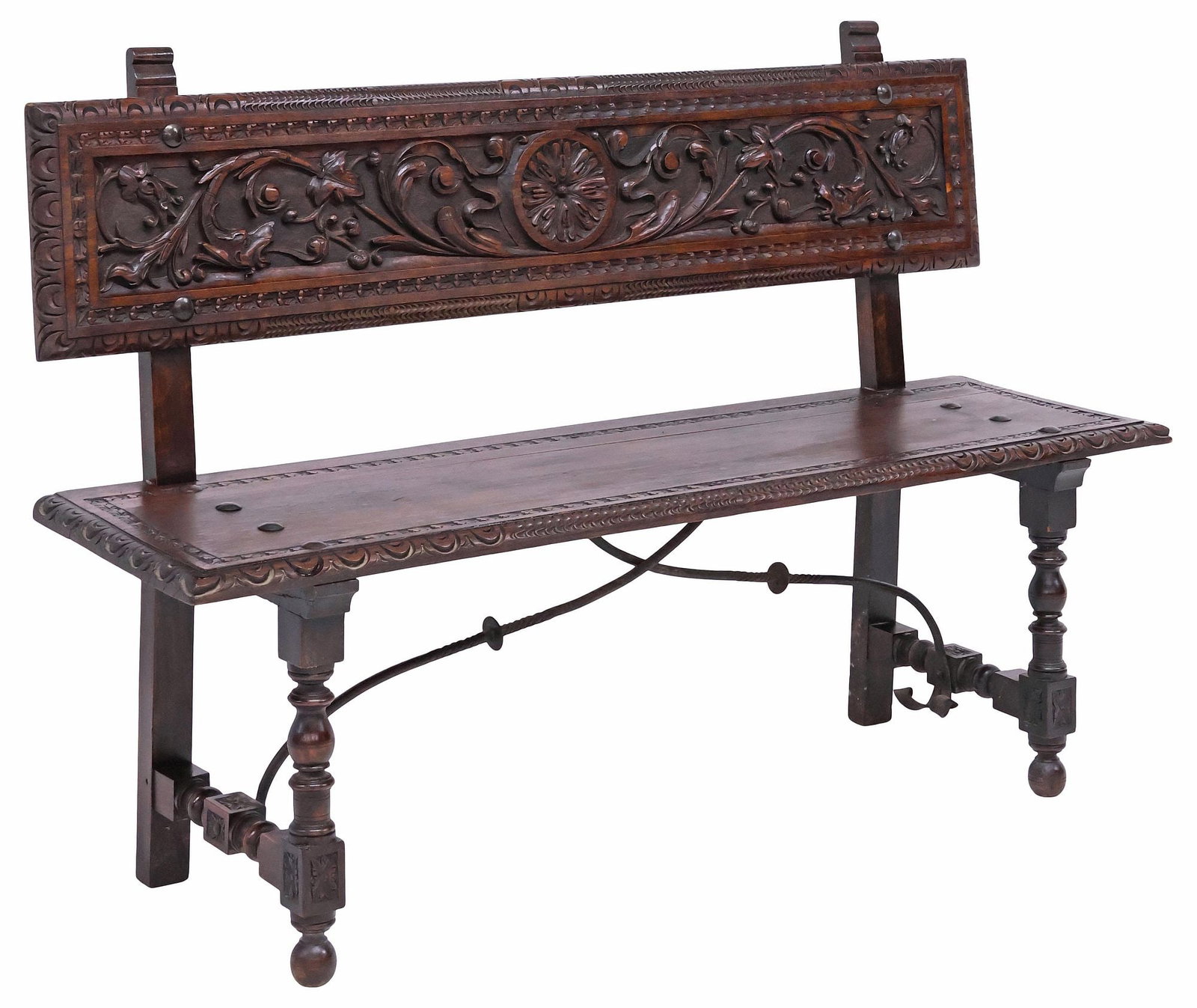 SPANISH RENAISSANCE REVIVAL CARVED OAK & WROUGHT IRON HALL BENCH (1 of 6)