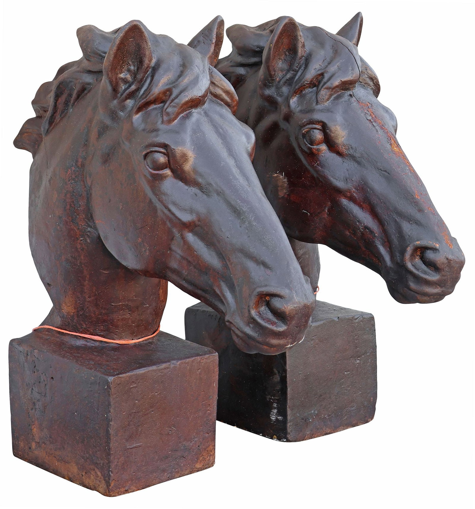 (2) LARGE PATINATED CAST IRON EQUINE GARDEN STATUARIES: (pair) Patinated cast iron garden sculptures, each modeled as a horse head, on square platform base, approx 25.5"h, 23"w, 8"d **PLEASE NOTE: All cast stone and garden pieces in this