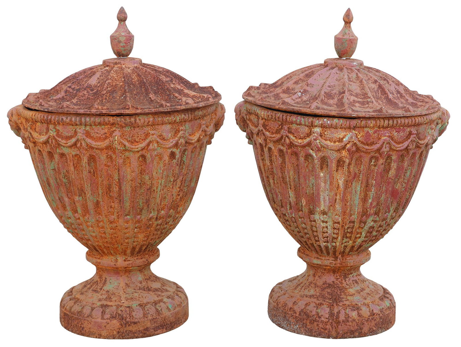 (2) MANNER OF ROBERT ADAM CAST IRON FLUTED GARDEN URNS & COVERS: Neoclassical style cast iron covered garden urns/ planters, in the manner of Robert Adam (British, 1728-1792), each having domed cover with pointed finial, and fluted basin with drapery swags, on