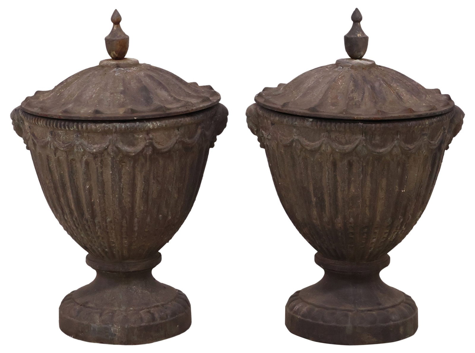 (2) NEOCLASSICAL STYLE CAST IRON FLUTED GARDEN URNS & COVERS: (pair) Neoclassical style cast iron covered garden urns/ planters, in the manner of Robert Adam (British, 1728-1792), each having domed cover with pointed finials, above fluted tapering basin, rising