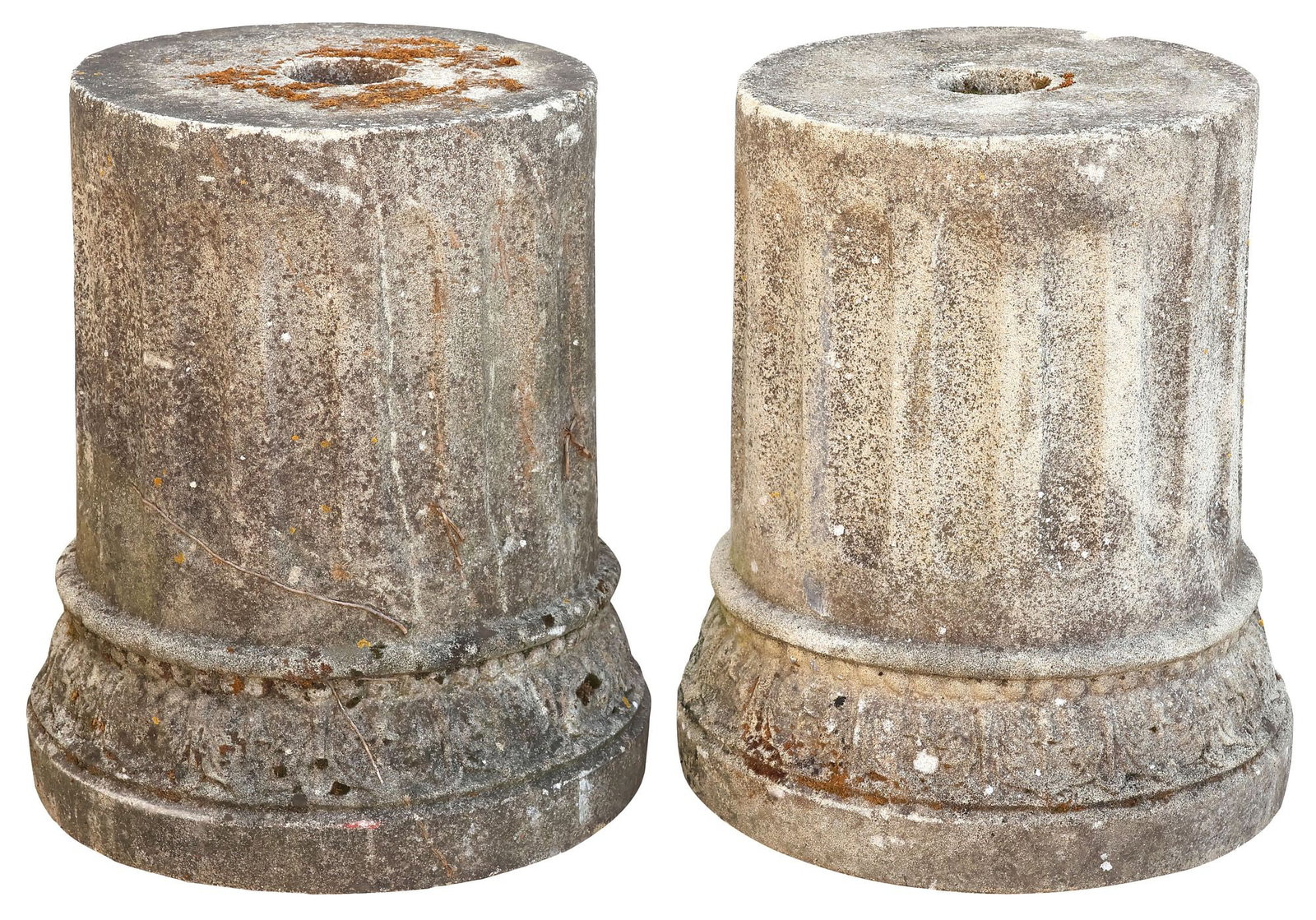 (2) CAST STONE FLUTED COLUMNAR GARDEN PEDESTALS, 20.5"H: (pair) Cast stone garden pillars/ pedestal stands, each of a fluted columnar form, with foliated base, approx 20.5"h, 18"w **PLEASE NOTE: All cast stone and garden pieces in this auction