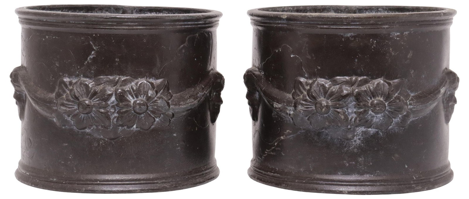 (2) ENGLISH CAST LEAD GARLAND PLANTERS / JARDINIERES: (pair) English cast lead planters/ jardinieres, late 19th/ early 20th c., having cylindrical body with garland swag, approx 6"h, 7.25"diam, 24lbs total