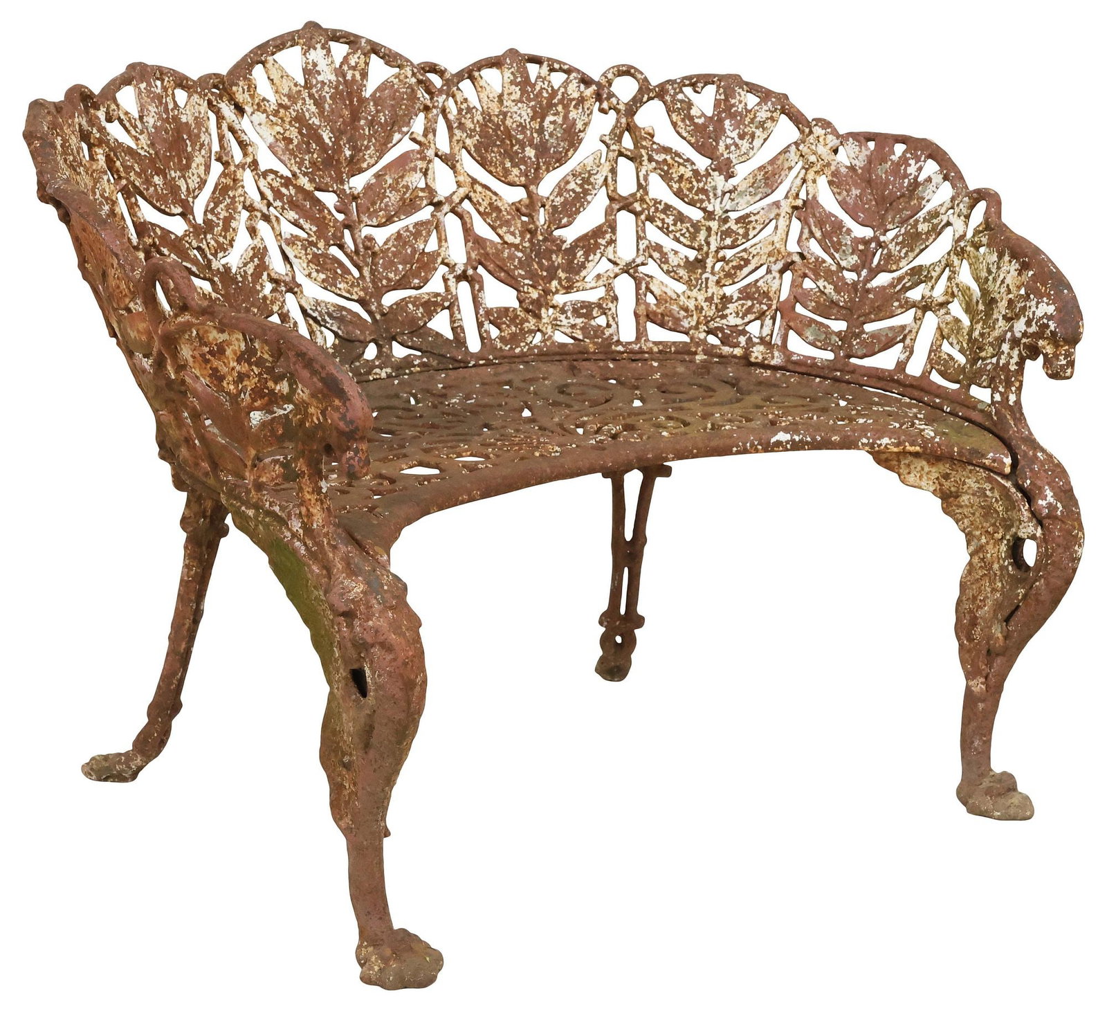 PAINTED CAST IRON CURVED BACK FERN & LION MASK GARDEN BENCH: Cast iron garden bench, late 19th/ early 20th c., having curved back with fern motifs, loin's head hand holds, on front paw feet, approx 31"h, 43.5"w, 25"d, seat height: approx 16.25"h **PLEASE NOTE: