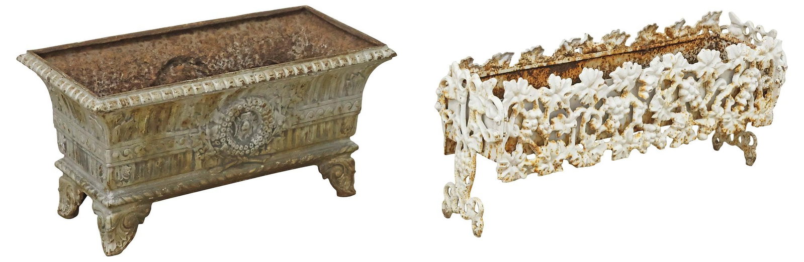 (2) ANTIQUE PAINTED CAST IRON JARDINIERES / PLANTERS: (lot of 2) Cast iron planter boxes/ jardinieres, early 20th c., each with remnants of paint, including: (1) in a weathered grey finish, on scroll feet, (1) white, with pierced scrolling body,